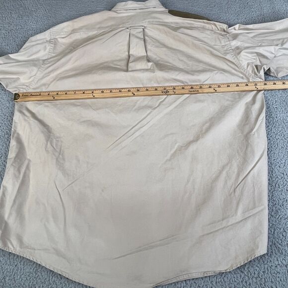 Filson Shooting Shirt Men XL Tan Khaki Canvas Hunting Elbow Patch Button Padded - Picture 14 of 15